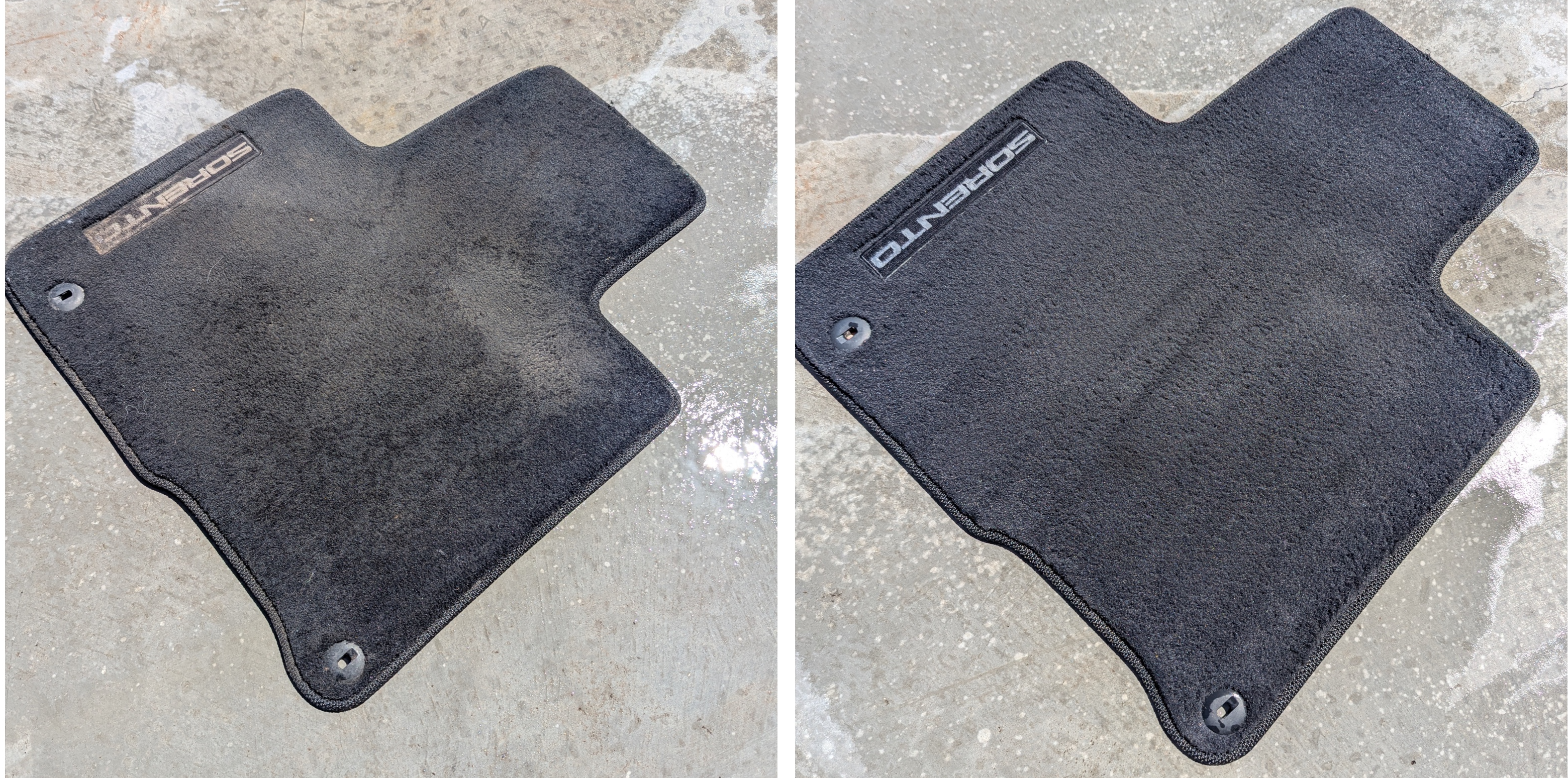 Before and after photos of a cleaned vehicle floor mat